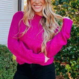 Z Supply Annie Puff Sleeve Sweater Crewneck Fuchsia Pink Size S